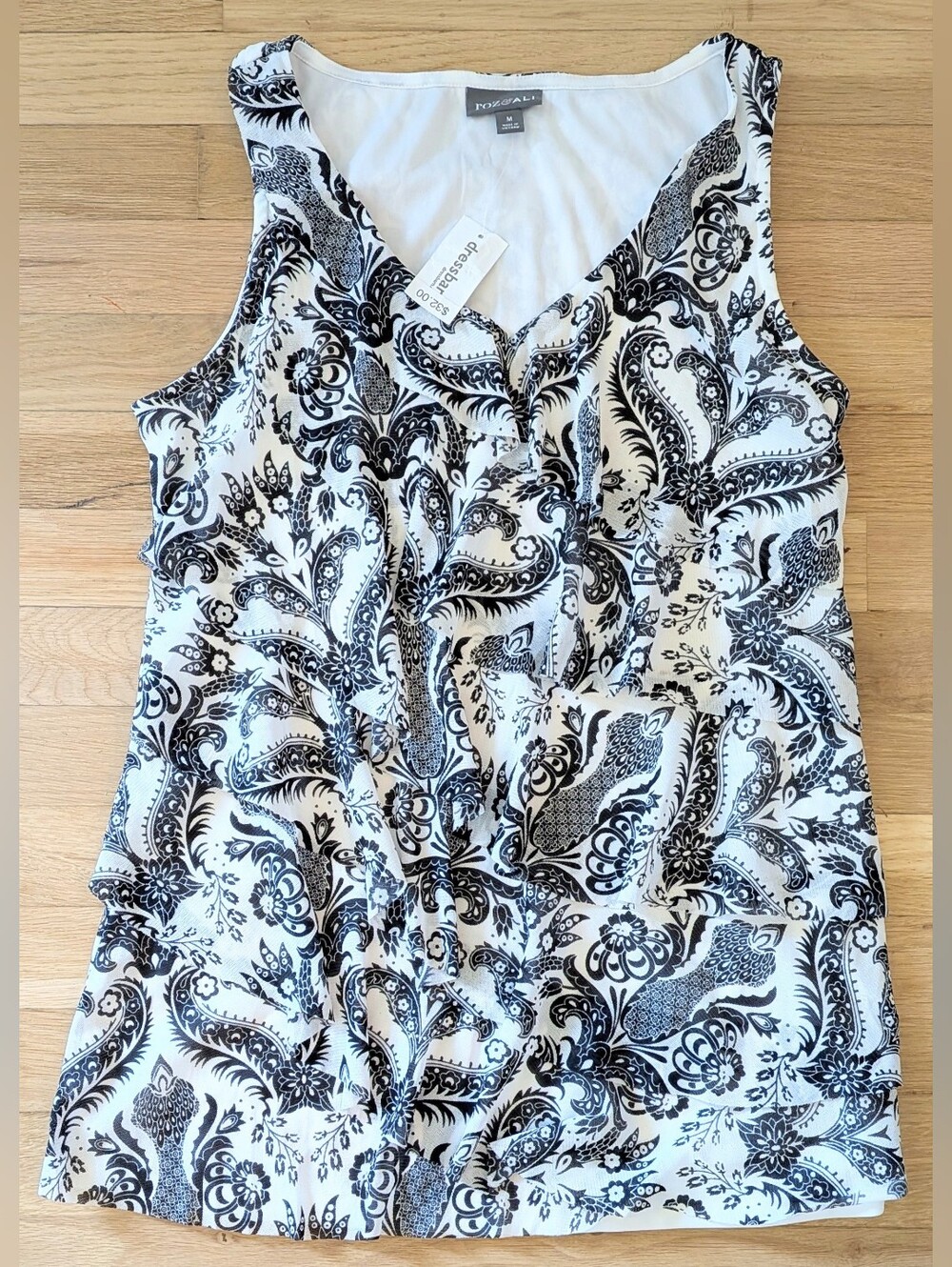 Roz & Ali Black & White Paisley V-Neck Sleeveless Ruffle Layering Tank